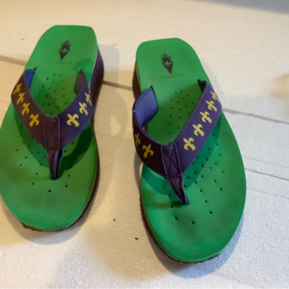 Volatile Purple, Green and‎ Gold  Flip Flops with flour de lid